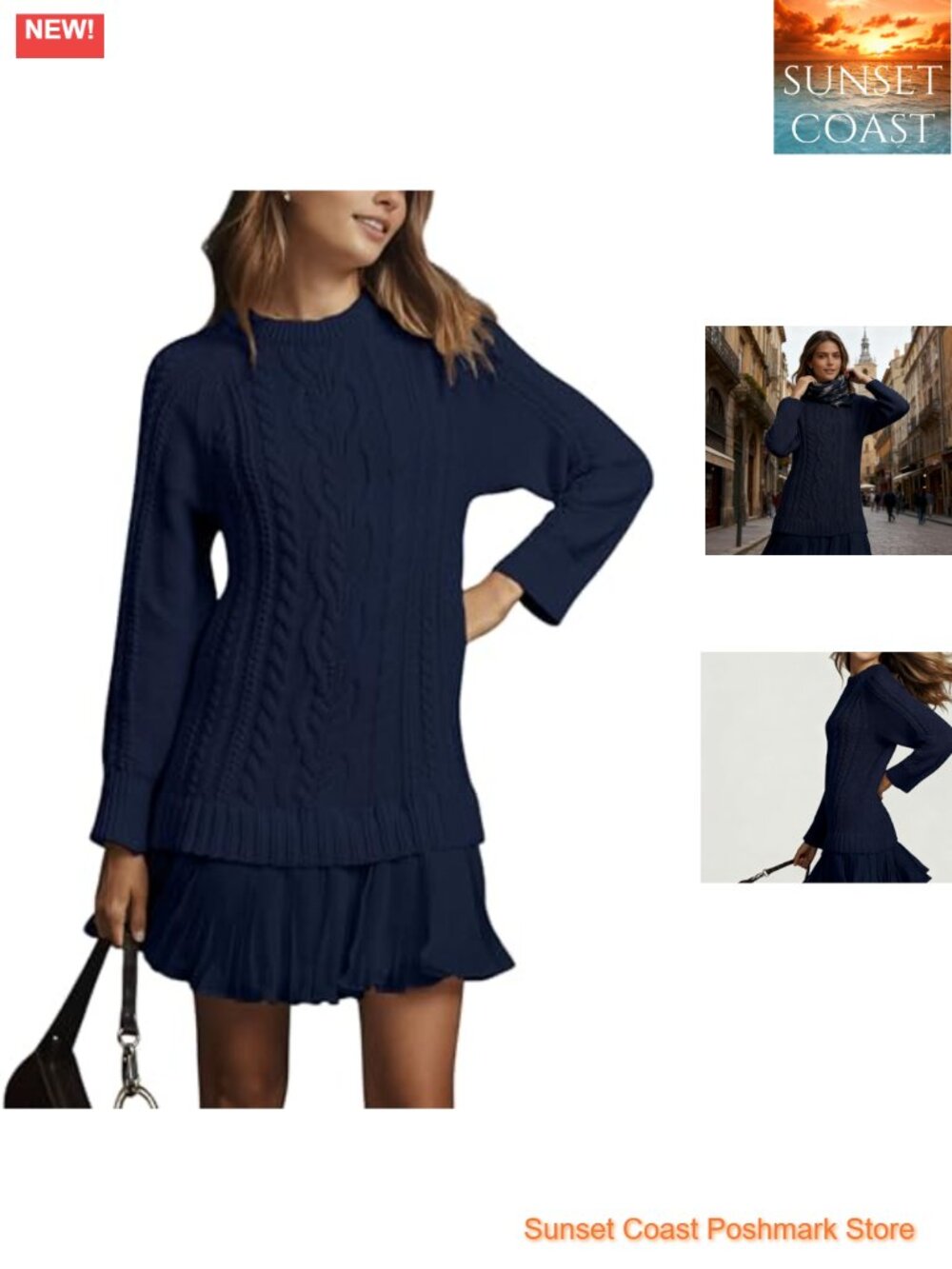 Cable Knit Sweater Dress Crewneck Long Sleeve Pleated Mini Twofer